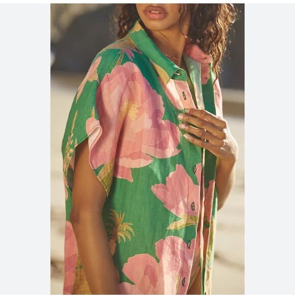 Farm Rio Farm Rio Short-Sleeve Cover-Up Buttondown Shirt size Medium - Picture 3 of 6